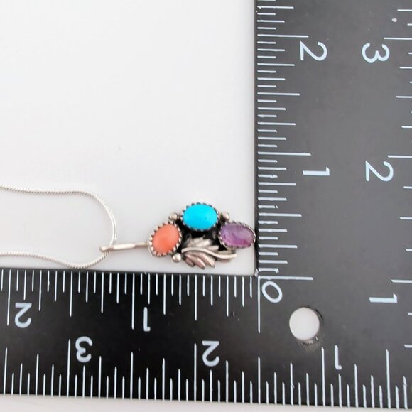 Navajo Pendant Necklace With Spiny Oyster Turquoise & Amethyst By Richard Begay - Picture 3 of 6